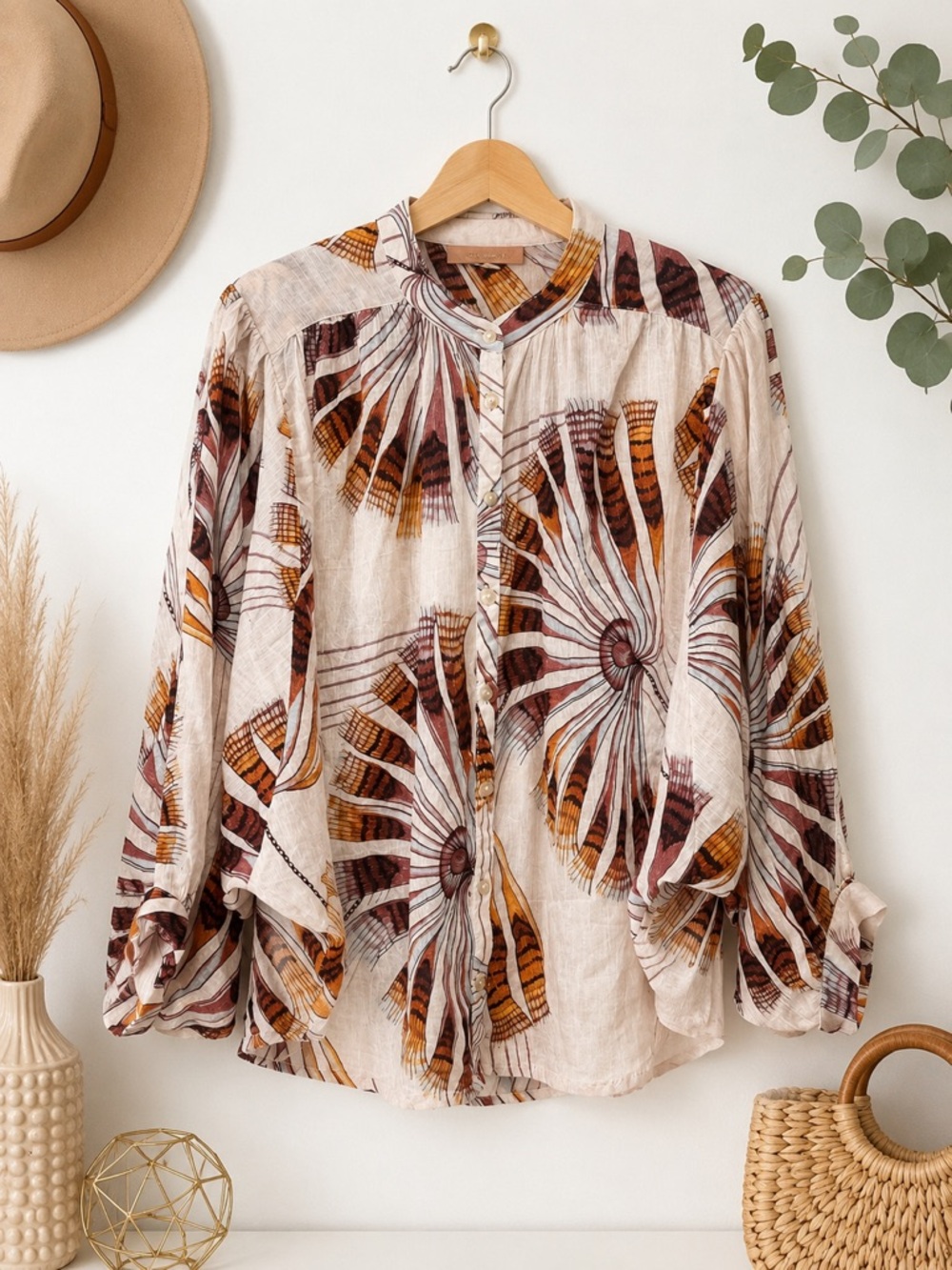 Pilcro Floral Fan-Print Button Front Blouse in Cream, Brown & Rust